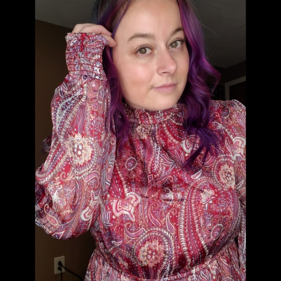 Burgundy & lilac boho paisley print mock neck long sleeve tierd ruffle dress - Picture 11 of 11